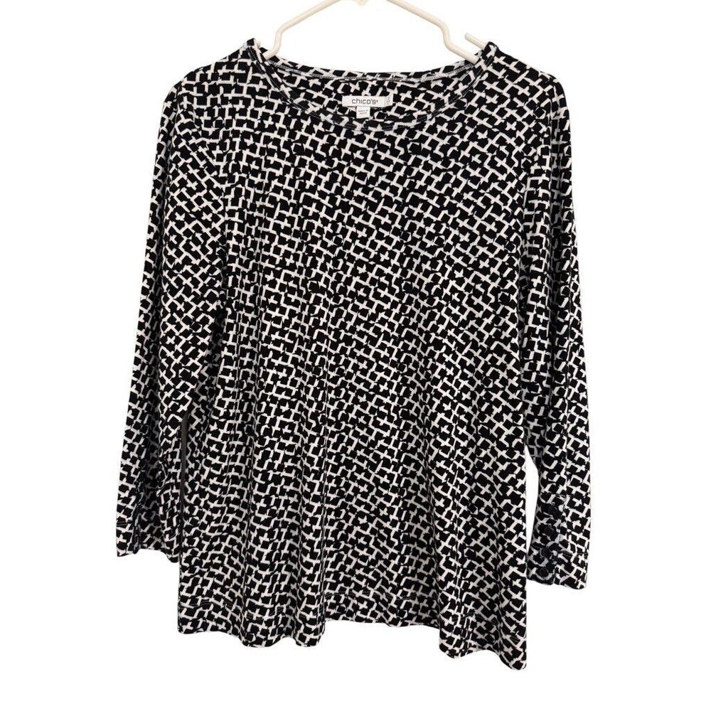 Chico's Sz LARGE Everyday Black Geo Confetti Pima Cotton Knit Top Breathable